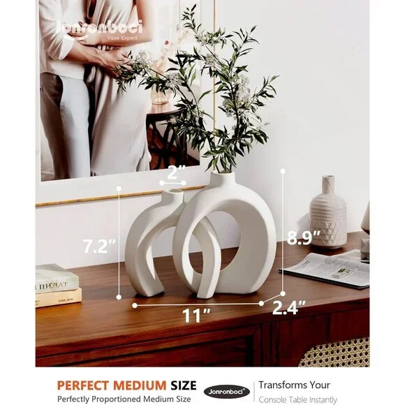 7.2″Hx8.9″H Donut Shape Decorative Vase Set of 2 Ceramic Modern Minimalism Style - Picture 2 of 6